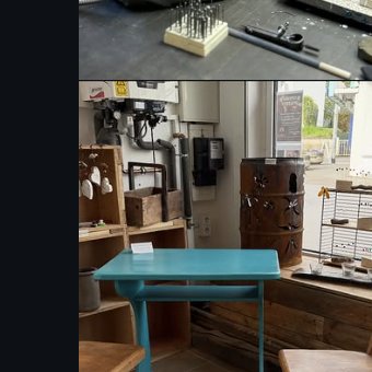 Türkiser Tisch & alter Stuhl